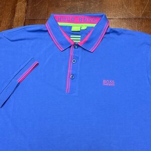 Hugo Boss Paule Polo Shirt Mens XXL Blue Pink Neon Trim Slim Fit Cotton Pique